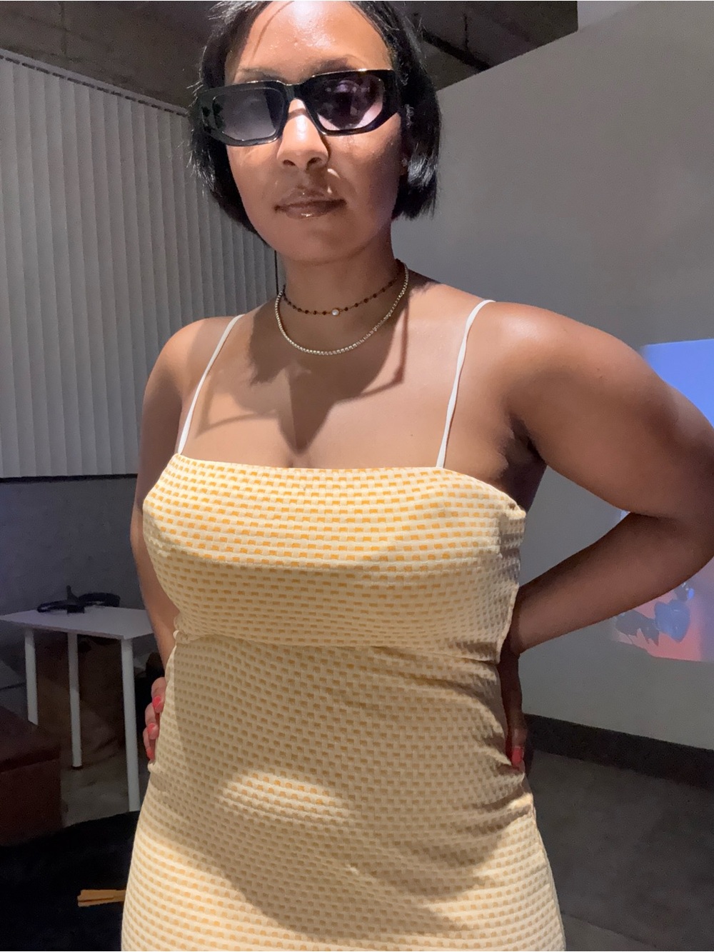 Zara Yellow Check Spaghetti-Strap Midi Dress